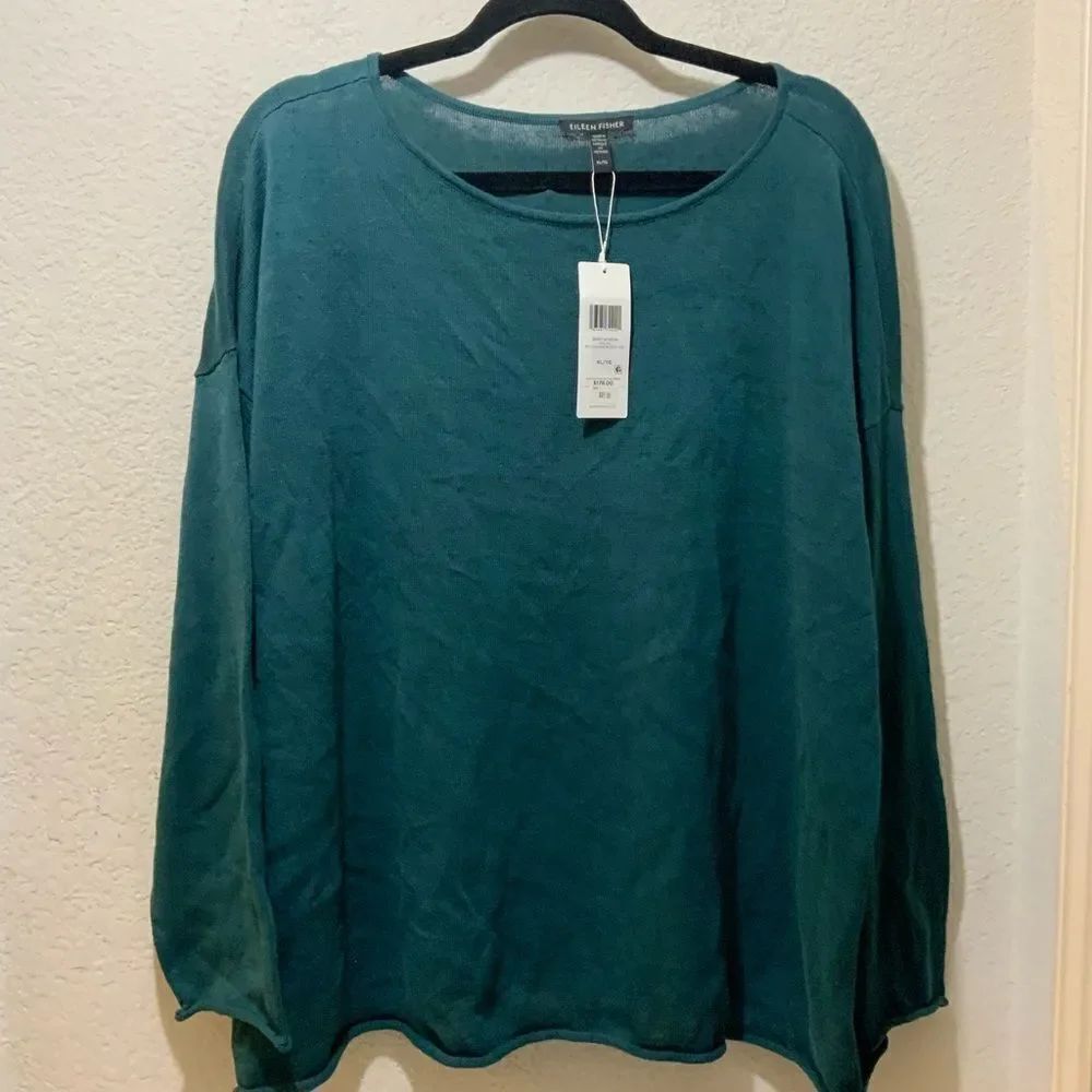 NWT Eileen Fisher 100% Organic cotton Long Sleeve Pullover Turquoise XL
